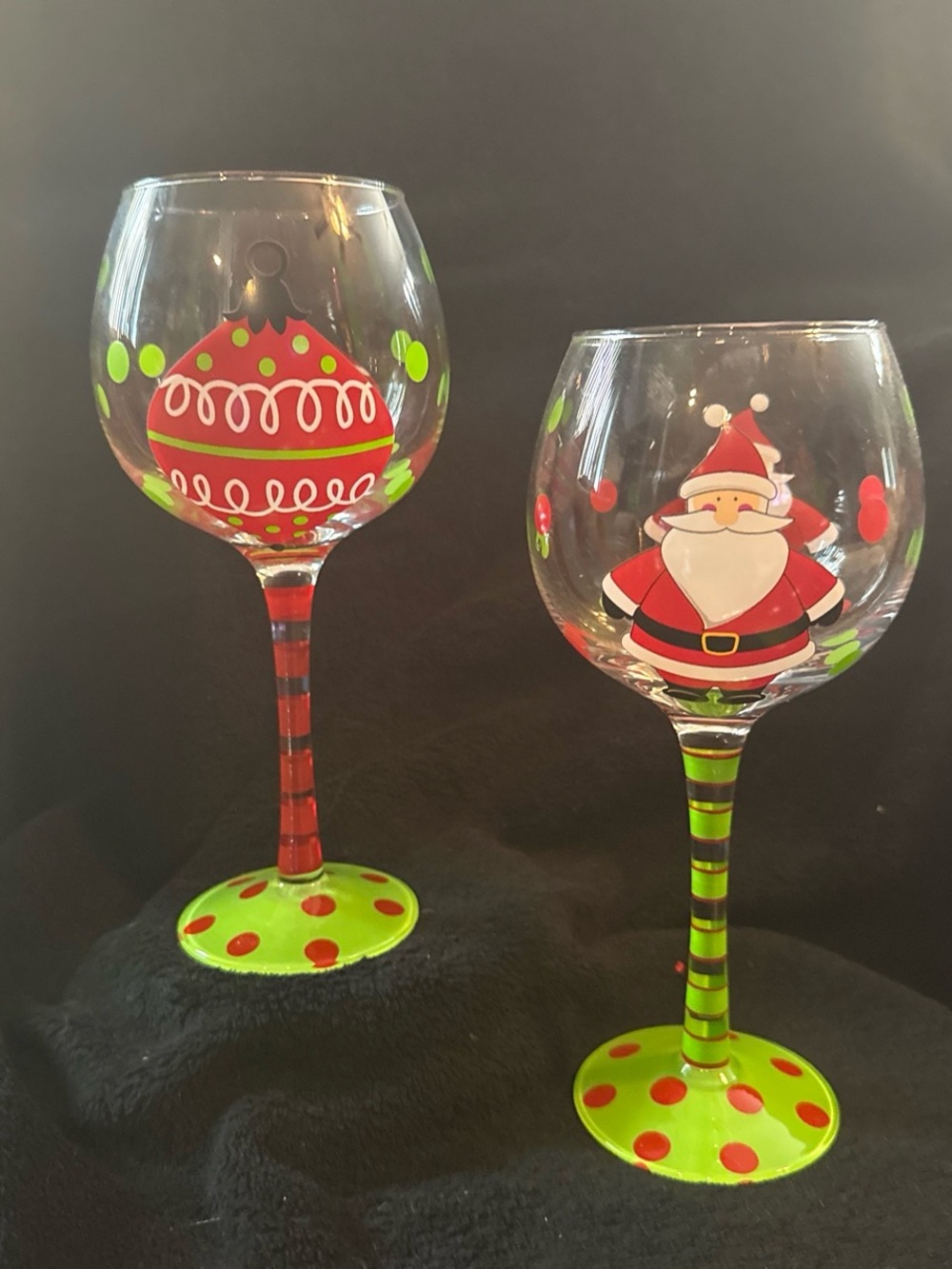 MSC Hand-Painted Holiday Wine Glasses — Santa & Ornament Design (Green/Red)